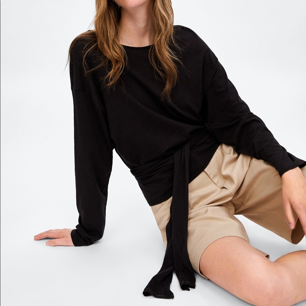 Zara Black LS Top w Split Back, Wrap Tie sz: Med